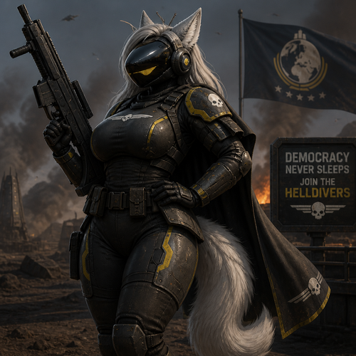 A female protogen character. wearing armor from the game Helldivers 2. Very mature looking adult.