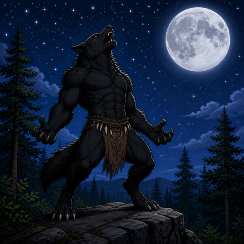 Male black werewolf wearing a tribal loincloth. It is nighttime in a forest with a full moon in the night sky with stars brightly shining in the sky. The werewolf is howling at the moon. Cartoon art style.