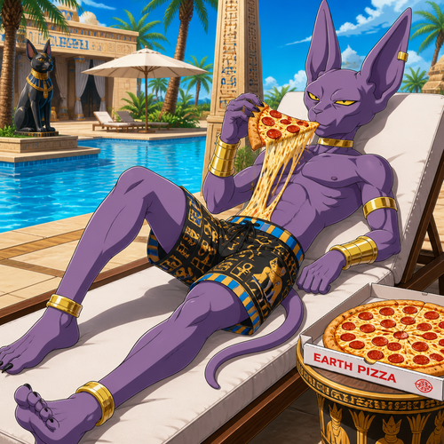 Beerus from Dragon Ball Super wearing Egyptian theme swim trunks, gold bracers, and a gold choker. He is laying on a poolside chair eating pizza that is extremely cheesy and have tons of pepperoni. Anime art style, solo, full body.
