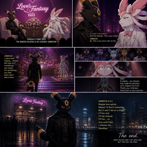 In a well-made anthro Pokemon universe, an non-rich grown male half gothic Umbreon refuses to accept the sham date with a grown richest male Sylveon (the Barron) on a live dating fantasy show (in modern life) and decided to leave because love isn’t here. A well-made animated version. A sad but a good truthful ending.
