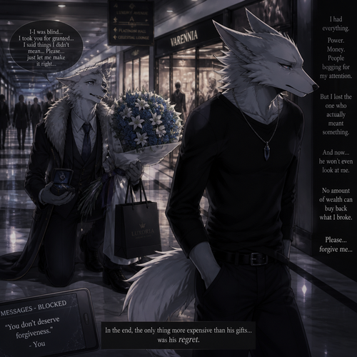 An arrogant billionaire male Sergal who brought gifts and flowers for an apology for the things he did/said by regret while begging forgiveness to an ex-boyfriend male Sergal that wears a necklace who’s not rich enough yet unhappy mood while looking away to ignore while walking away at the mall. A sad ending anime. (The Barrons and billionaires even trillionaires can not be trusted)