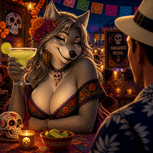 A lovely grown busty female grey Wolf who is having a blast and drinking margaritas on today’s Day of the Dead in Mexico. Animated version. Giving a lovely look on a tourist man.