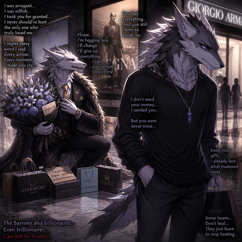 An arrogant billionaire male Sergal who brought gifts and flowers for an apology for the things he did/said by regret while begging forgiveness to an ex-boyfriend male Sergal that wears a necklace who’s not rich yet unhappy with a broken heart while looking away to ignore while walking away at the mall. A sad ending anime. (The Barrons and billionaires even trillionaires can not be trusted)