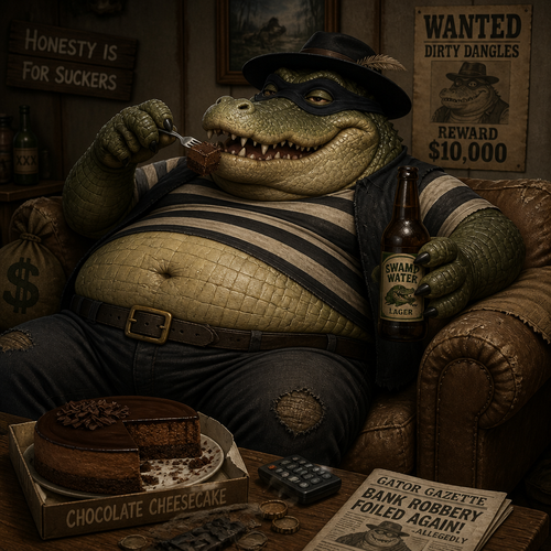 A Anthropomorphic overweight bandit alligator,
Sitting on his couch and eating chocolate cheesecake and drinking beer.