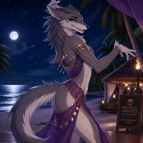 A homosexual adult male Sergal, doing a belly dancer, has good hips and a pretty smile, wears eyeliner, at the beach at night, and works at a resort on the island. Giving a flirting look. In an animated verse. A hidden bulge. Side view.