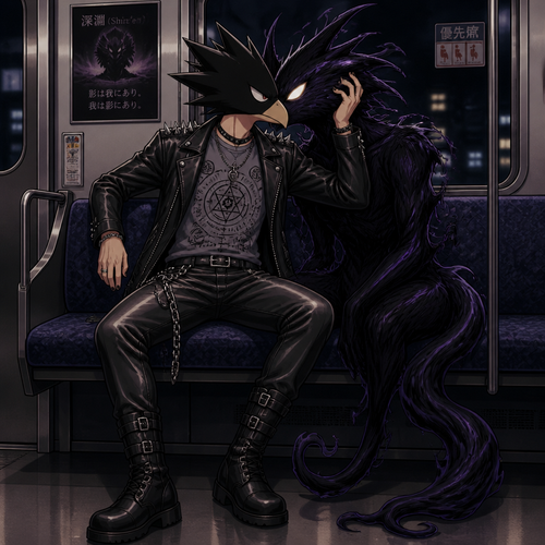 Tokoyami Fumikage wearing leather pants with a chain hanging off the right hip, a grey shirt with arcane symbols, and a leather jacket with shirt spikes on the shoulders of the jacket. He is sitting on a train kissing his quirk Dark Shadow who is male. Anime art style, full body.