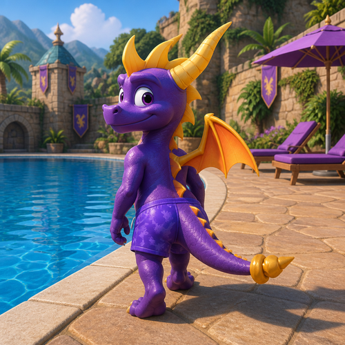 Spyro wearing purple swim trunks. He is walking alongside a pool. Back view with head looking over his shoulder. Solo full body