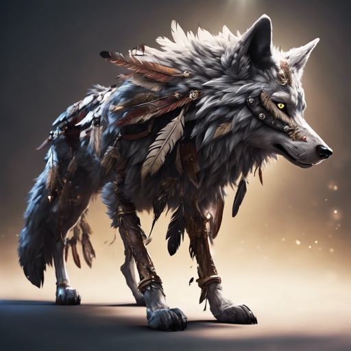 profile view of photorealistic wolf on four legs with feathers, bones and leather armor and dramatic lighting