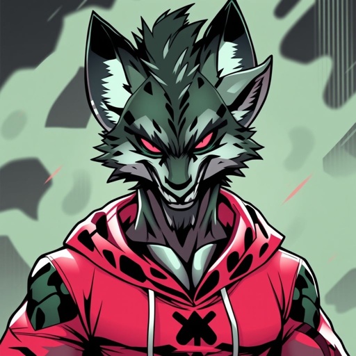 anthropomorphic hiena, green and black colors, red eyes, portrait, evil grin, red hoodie --niji 6