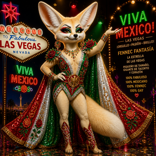 A well-made grown homosexual Fennec Fox as a drag queen a star of Las Vegas for Viva Mexico.