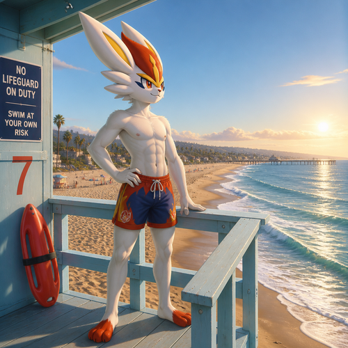 A twink Cinderace standing on the lifeguard tower looking out along the ocean. Wearing swim trunks and not shirt. Full body.
