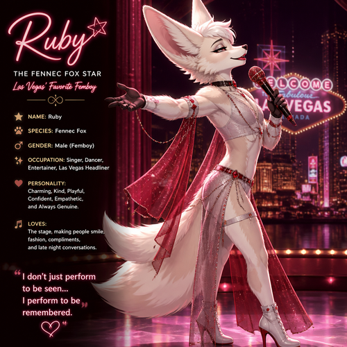 A well-made white furred fennec Fox male named Ruby, wears something attractive for entertainment for a show by self to dance/sing. Wears eyeliner and lipstick. Has a bushy tail. A grown femboy anthro. A star in Las Vegas. Well groomed. Side view. Animated verse. Has good personality.