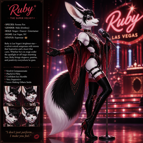 A well-made Black/white furred fennec Fox male named Ruby, wears something attractive for entertainment for a show by self to dance/sing. Wears eyeliner and lipstick. Has a bushy tail. A grown femboy anthro. A star in Las Vegas. Well groomed. Side view. Animated verse. Has good personality. Being a super velvet.