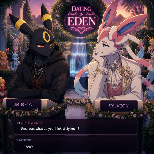 In a dating live show at the garden of Eden (a well-made animated version) a grown non-rich anthro Umbreon male that wears a gothic hoodie that is unhappy and doesn’t want to be there and wanted to lose and Don’t like this super rich grown anthro Sylveon male that wears some elegant clothes who likes him. In a well-made anthropomorphic Pokemon universe.
