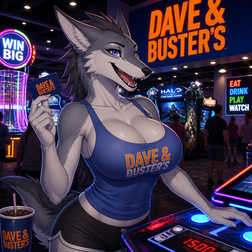 A well-made busty female adult Sergal is inside the Dave’s and Busters arcade in a mall, and having a good time. Animated version. Wears a tank-top.