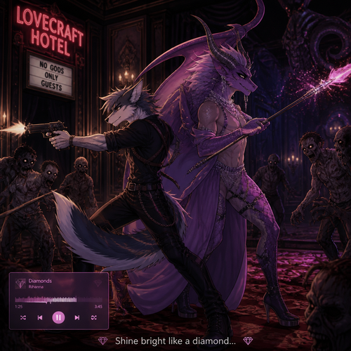 A well-made homosexual male character, Sergal and the drag queen a sexy male Dragon, both facing the living dead inside the lovecraft hotel on today’s Easter. A badass teamwork. A horror animated version of reality. Side view. Does better with music (much like Rihanna’s Diamonds)