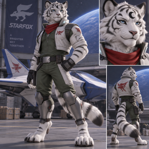 male, anthro, white tiger, black crescent on forehead, blue eyes, digitigrade footpaws, starfox