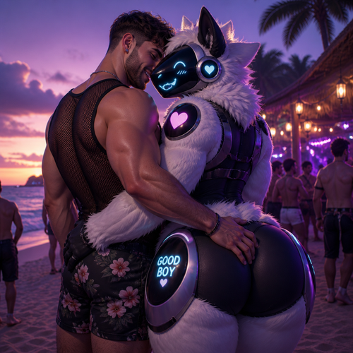 A well-made happy fluffy gay Protogen (male character) with thick thighs and a huge butt also has no tail while being with a gay man holding together in closeness at the party of a beach at dusk. Hand on hips.