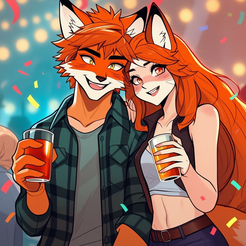 Female fox furry at a college party drinking in one paw with her wolf furry boyfriend