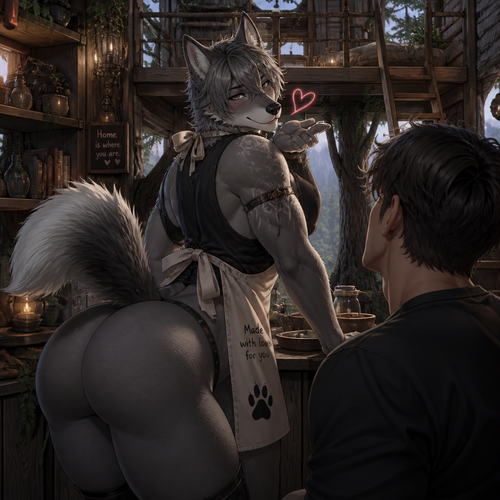 A loved well-made grown femboy omega male grey wolf ex-tribe character who lives in a tall treehouse while giving a love pose for his handsome and kind human man. Wearing a clothed apron. Has thick thighs, wide hips, but butt, and a bushy tail. A perfect view. 