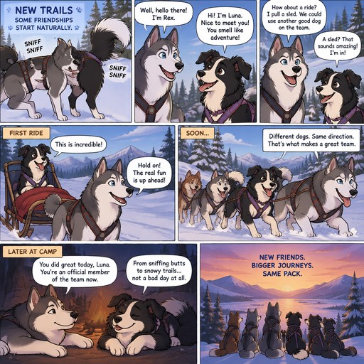 A multi panel comic about a male husky named Rex and a female Border Collie named Luna, it starts with then sniffing each other’s rears (which is a dog thing), after that they start talking, after that Luna gets put on the sled Rex pulls with a sled dog team and she becomes part of the group but now ad a sled dog, animated style