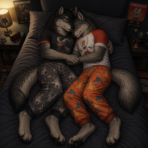 Twin male dire wolfs sleeping on a bed cuddling together. One dire wolf is wearing mightyena theme pajama pants and a houndoom theme shirt. The other dire wolf is wearing Charizard theme pajama pants and Cinderace theme shirt. Full body