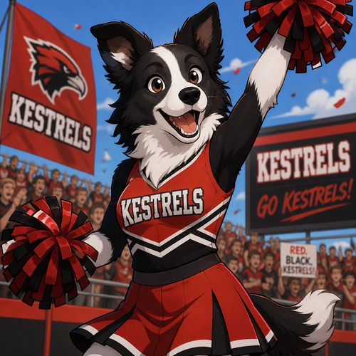 Anthropomorphic border collie cheerleader in a red and black uniform cheering for a team named “Kestrels” , animated style 