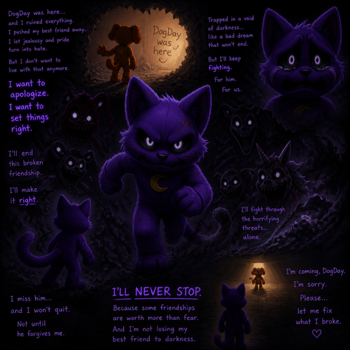 In Smiling critters verse, DogDay was here and find a true soulmate Catnap, wants to apologize for how sorry and set things right. Trapped Into a void of darkness like a bad dream. Wants to end A broken friendship. Fight through the horrifying threats alone. Missis and won’t quit.