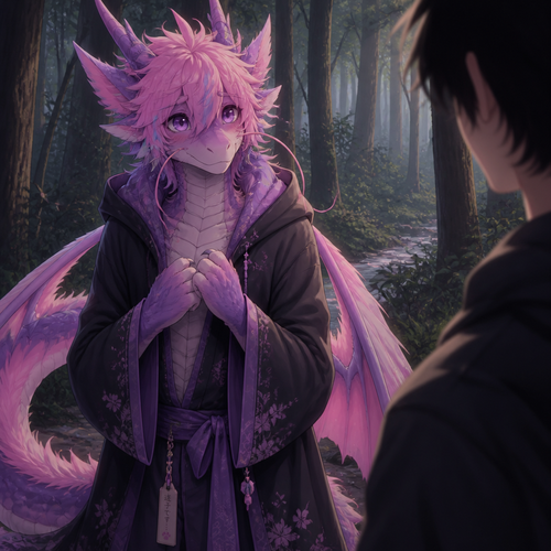 A well-made shy grown femboy pink and purple furred male character, a anthro Lung dragon that wears a robe with a hoodie who came out of nowhere in a forest and lost but also sees a human and wonder if like to be friends and hoped for not being tricked or worse.