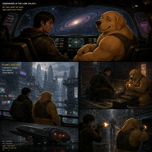 In a lone galaxy, a well-made animated version. In a spaceship, a human pilot/scavenger, and his partner a thick homosexual anthro gay golden retriever with floppy ears. Both finding themselves to loot and defend themselves. In a planet of a concrete jungle.