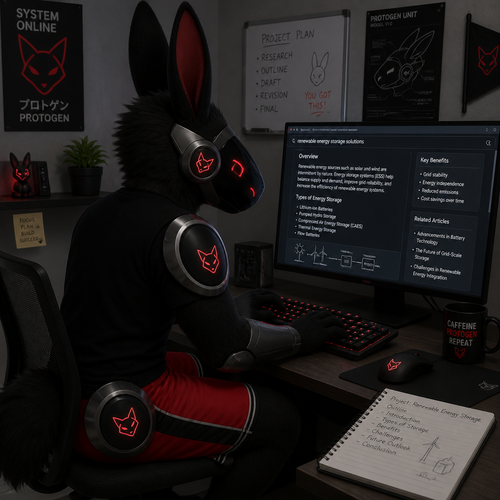 A male rabbit protogen wearing red shorts and a black shirt. He is on a computer researching for a project.