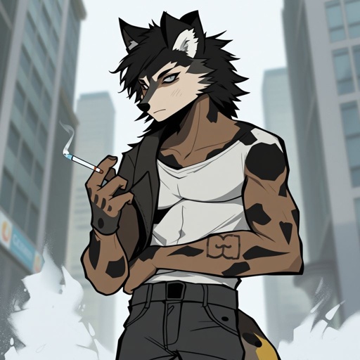 A shirtless male painted wolf with black, brown, yellow, and white splotchy fur rounded ears, and two interlinked male symbols tattooed on the back of his left hand. His expression is a mix of contemplative and sad, he has a cigarette in his right hand. He’s wearing tight straight cut jeans.