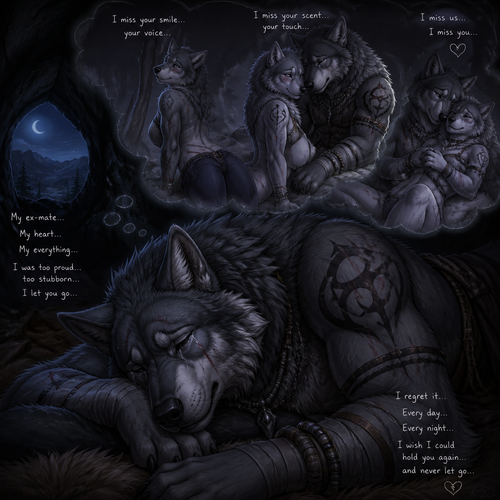 A well-made big and strong alpha male grey wolf tribal adult who is very sad and alone in a cave, sleeping yet sob a little, and dreaming in thoughts of how much he misses his ex-mate the grown femboy omega grey wolf male tribe and wishes to be together despite his regrets in his sleep.