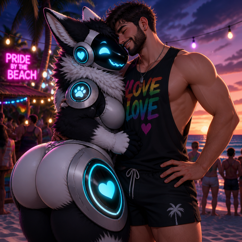 A well-made happy fluffy gay Protogen (male character) with thick thighs and a huge butt also has no tail while being with a gay man holding together in closeness at the party of a beach at dusk. Hand on hips.