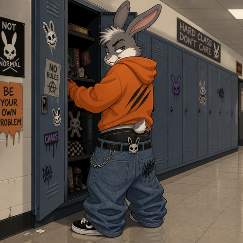 A young male grey and white punk rabbit wearing extremely loose jeans with a belt that has a rabbit skull design, black colored underwear that comes up above the jeans waistline, a oversized orange hoodie with a three slash mark design on the front. He is standing in front of an open locker in the hallway of a high school, the locker doesn’t belong to him but he is rummaging through it. Cartoon art style. Full body