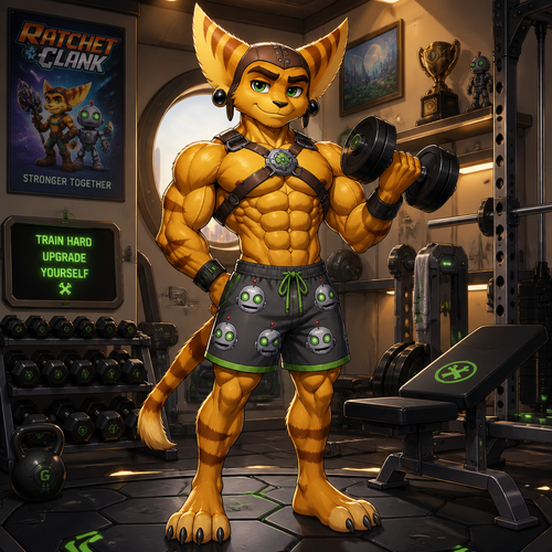 Ratchet from Ratchet and Clank wearing Clank themed shorts, a grey leather harness showing off a 16 pack of abs, and obsidian earrings. He is at home in his gym lifting weights. Anime art style, solo, full body.