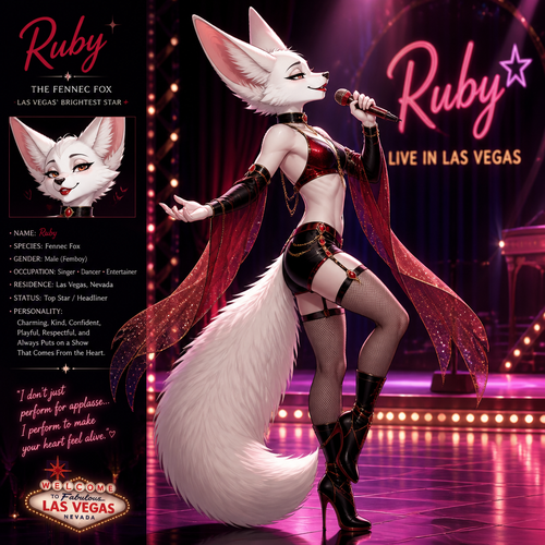 A well-made white furred fennec Fox male named Ruby, wears something attractive for entertainment for a show by self to dance/sing. Wears eyeliner and lipstick. Has a bushy tail. A grown femboy anthro. A star in Las Vegas. Well groomed. Side view. Animated verse. Has good personality.