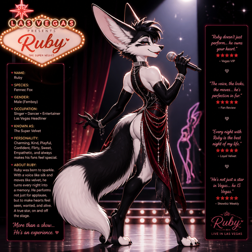 A well-made Black/white furred fennec Fox male named Ruby, wears something attractive for entertainment for a show by self to dance/sing. Wears eyeliner and lipstick. Has a bushy tail. A grown femboy anthro. A star in Las Vegas. Well groomed. Side view. Animated verse. Has good personality. Being a super velvet.