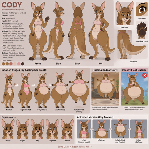 A female anthropomorphic kangaroo named Cody that can inflate her thighs belly and chest by holding her breath, can float once her thighs belly and chest are fully inflated, doesn’t float outside because she doesn’t like the wind, reference sheet, animated version