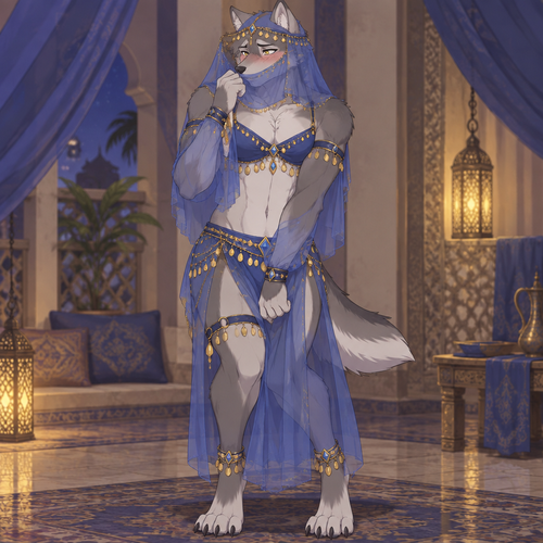 Male Anthropomorphic Wolf Link wearing a blue belly dancer outfit with a veil while looking embarrassed. Anime art style, full body.