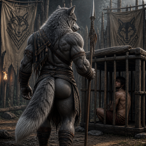 A well-made grown male grey Wolf from a tribe who looks at man as a prisoner who seems to like him. Has thick thighs, round buttocks, a bushy tail, and wears a tribal cloth clothing also carries a spear. Back view.