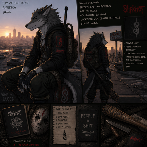 A grown male grey Wolf/Sergal who is surviving the zombie apocalypse in the Day of the Dead universe, in America at the dawn. Animated version. A fan of Slipkot band.