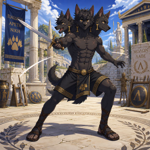 A high school aged male anthropomorphic Cerberus wearing Greek inspired shorts, shirtless showing off a 16 pack of abs, Greek sandals, and golden bone earrings. He is in a Greek training grounds practicing his sword work. Anime art style, solo, full body.