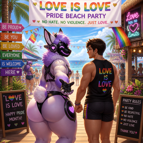 A well-made homosexual fluffy gay Protogen adult male character that wears a swimsuit and has thick thighs and a big round buttocks also has a short tail who’s invited a man into a party at the beach and has both nice views where love is love in pride month and there’s no hate and violence allowed.