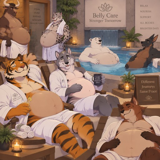 A spa full of pregnant male anthros, animated style