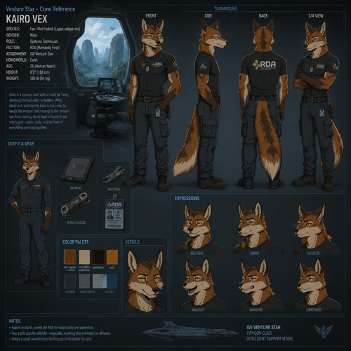 A male anthropomorphic fox wolf hybrid in the crew module of the ISV Venture Star from Avatar (The one based on Pandora), animated version, reference sheet 