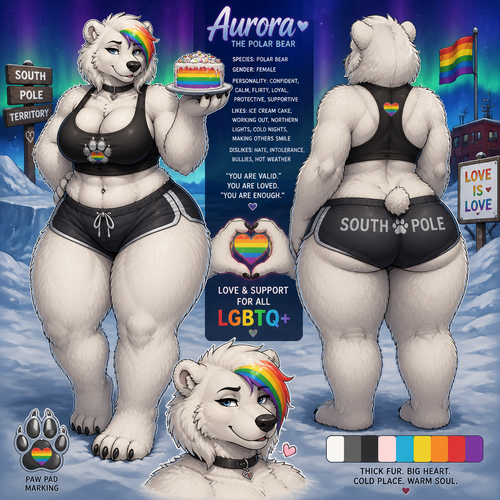 A busty well-made adult anthropomorphic tomboy polar bear female who lives in South Pole territory with a rainbow color ice cream cake on her paw. Has thick thighs and thick fur. Large looks. Front/back view. Calm and confident. Animated verse. Give a flirty look. Gives love and support sign to all LGBTQ+. Her looks.