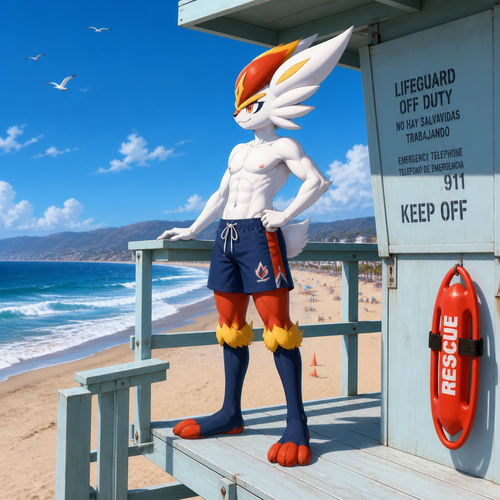 A twink Cinderace standing on the lifeguard tower looking out along the ocean. Wearing swim trunks and not shirt. Full body.