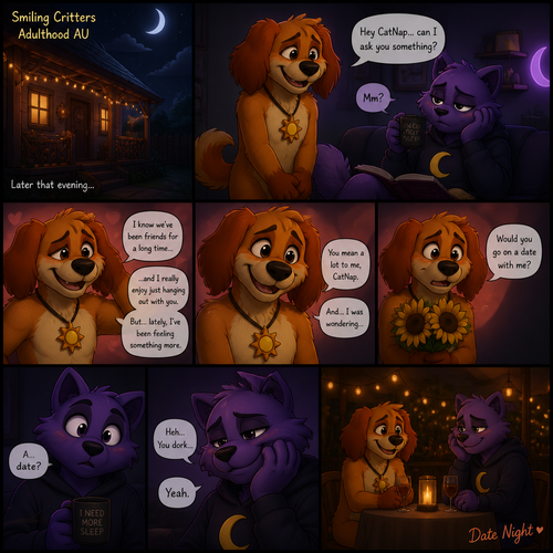 In a anthropomorphic smiling critters universe. DogDay the grownup fluffy doggo has a crush on CatNap (the grown pretty sleepy kitty cat) and asks for on a date. A well-made animated version. Living on an adulthood.