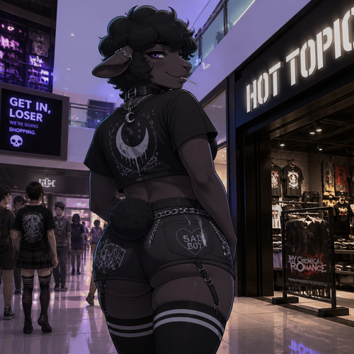 A grownup homosexual femboy anthro Black Sheep male, wears moon pendant necklace and an eyeliner, wearing some short clothes from Hot Topic, stick a lollipop on mouth, and has thick thigh highs. At the city’s mall. Well-made animated version. Back/rear view. Smirking and flirting.